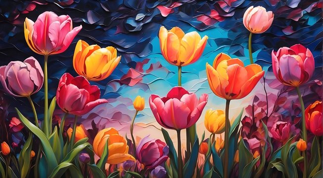 "Experience the vibrant colors of spring with a whimsical twist - imagine a field of neon tulips blooming under a starry night sky."