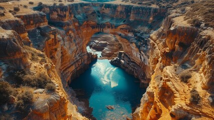 Spectacular aerial shot of a natural arch formation carved by millennia of erosion - obrazy, fototapety, plakaty