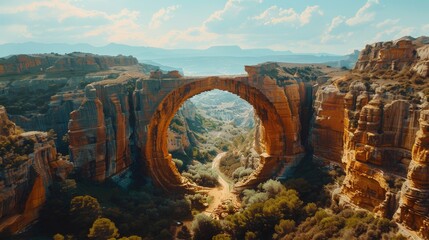 The mesmerizing aerial view reveals a natural arch, chiseled over millennia by the forces of erosion - obrazy, fototapety, plakaty