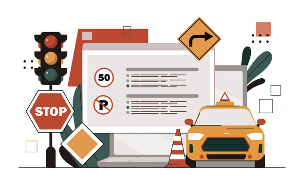 Driving school concept. Yellow car near drive license and safety roadsigns. Education and learning, practicing. Auto and transport. Cartoon flat vector illustration isolated on white background