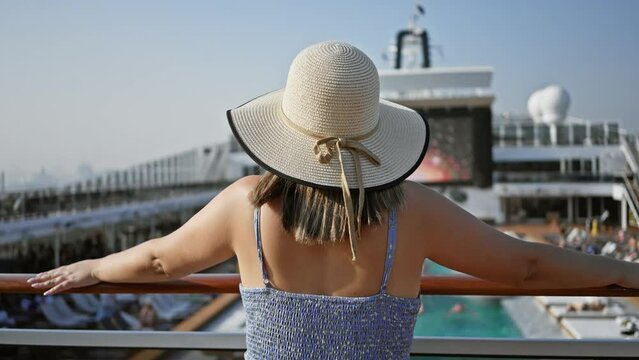 Rear view of a relaxed woman in a straw hat looking out at a cruise ship deck and swimming pool on a sunny day.