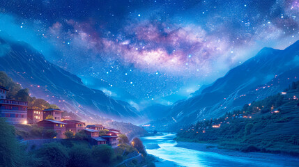 Tranquil Night Sky Over Mountain Village 🌌🏞️ | Digital Illustration of Star-Studded Celestial Beauty and Ethereal Indigo Glow - obrazy, fototapety, plakaty