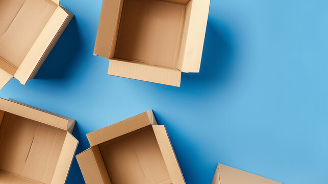Top view of several open empty cardboard boxes arranged on a bold, vibrant blue background, conveying concepts of moving, storage, and organization.