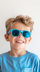 Smiling Young Boy in Blue Sunglasses and T-Shirt