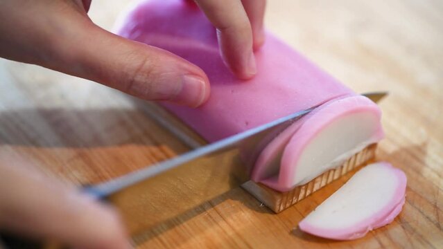 slicing kamaboko
