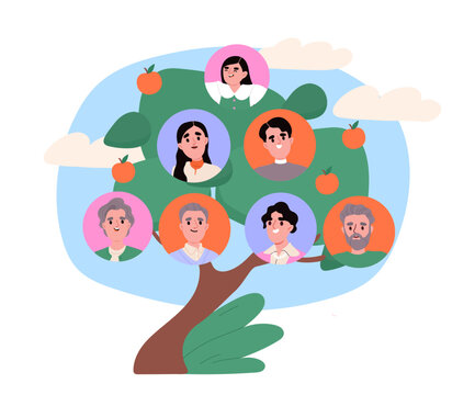 Family tree concept. Connection between generations of grandparents, parents and kids. Memories about family members. Cartoon flat vector illustration isolated on white background