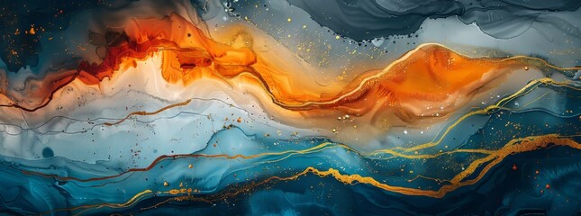A vibrant abstract mural showcases fluid shapes in shades of orange, gold, and blue with hints of gold leaf accents, evoking feelings of geological forms. - obrazy, fototapety, plakaty