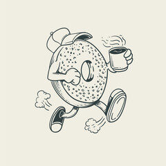 Breakfast time with donut and coffee. Hand drawn vector 
