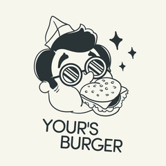 Burger logo. Cute cartoon boy eating burger
