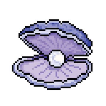 recommend clip art: Opened purplish blue or blueish purple clam with pearl inside. Pixel art retro vintage video game bit vector illustration. Simple flat cartoon art styled drawing isolated on square background.