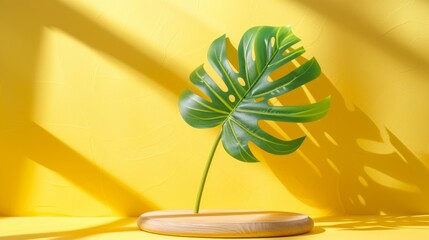 Minimalistic podium with summer fashion and luxury plant on yellow stone wall background