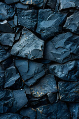 A detailed closeup of a wall constructed from black bedrock, showcasing a striking pattern of cobblestones with electric blue accents
