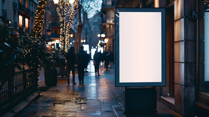 A mockup of a blank white vertical advertising billboard on a wet city sidewalk illuminated by ambient street lights at night.