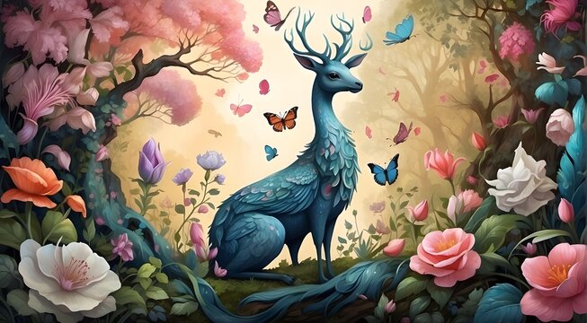 watercolor painting of flowers in the garden, "Immerse yourself in the magic of spring with a series of fantastical illustrations depicting mythical creatures and enchanted forests, each with its own 