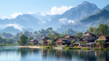 Serene Village by Lake Surrounded by Majestic Mountains 🌄🏞️ | Tranquil Landscape Illustration with Reflective Water Views
