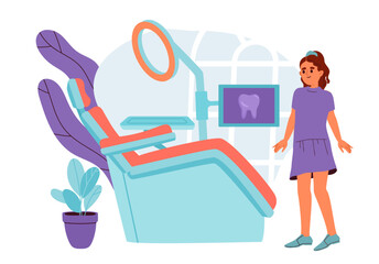 Girl at dentist concept. Kid and child in dentistry with equipment for oral hygiene. Health care and treatment. Diagnosis and medicine. Cartoon flat vector illustration isolated on white background