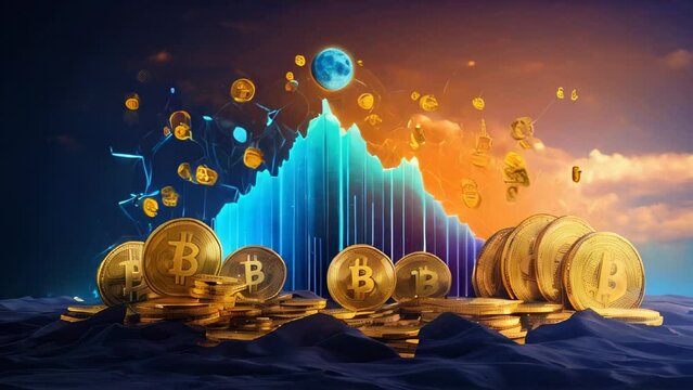 BTC coins cascade through the air, splash into water, and scatter on the ground, embodying financial dynamics, currency flow, and economic abundance in a captivating money-themed image