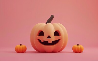 Cute 3d little pumpkin smiling on bright pastel background. Halloween day-greeting card. presentation. advertisement. invitation. copy text space.