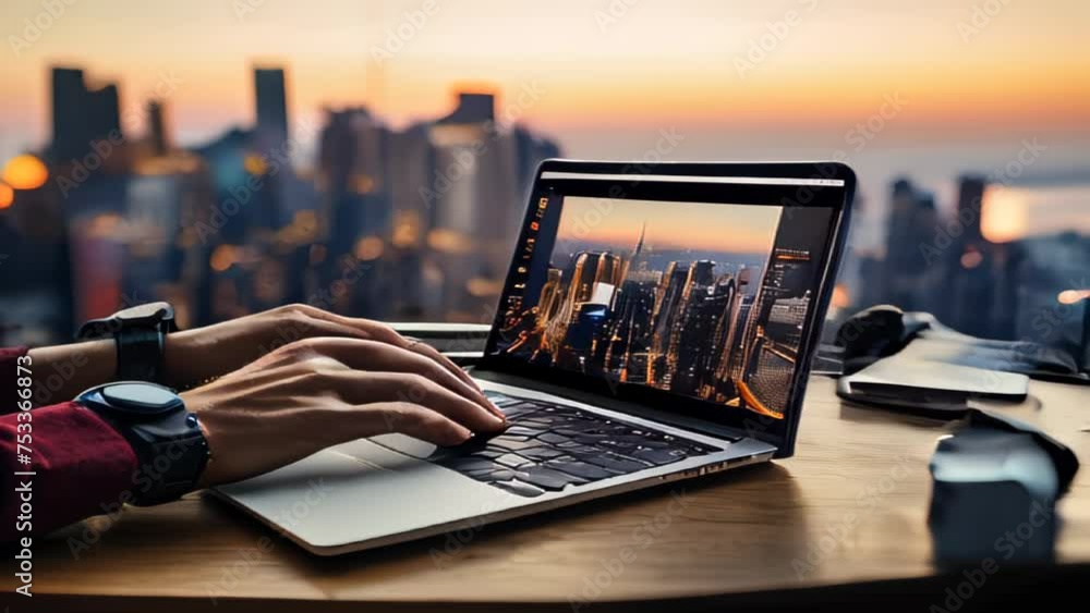 Aufkleber person working on laptop at sunset, surrounded by technology and business elements, typing on the ke