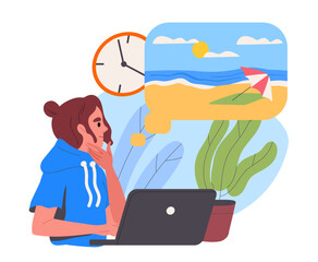 Woman wants to go on vacation. Young girl with laptops dream about coastline with sand. Tropical and exotic countries and islands. Cartoon flat vector illustration isolated on white background