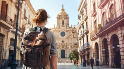 Back view of a traveler admiring a grand cathedral in Spain, embodying the essence of travel and cultural exploration. - obrazy, fototapety, plakaty