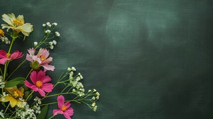 Flat lay composition with flowers on green chalkboard. Teacher's day, copy space - generative ai