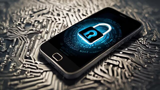 Secure Mobile Technology: A black phone with a digital lock code, highlighting key features like data protection and secure communication in the electronic world