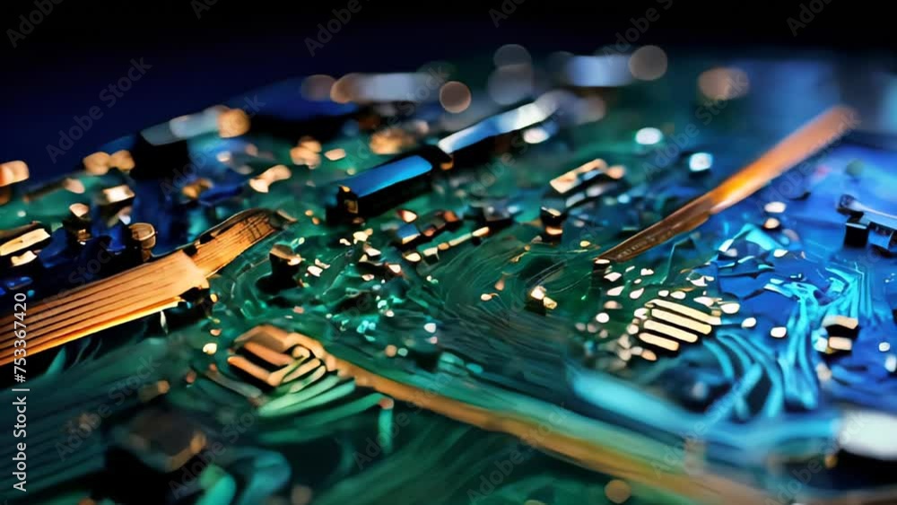 Poster close-up view of a green electronic circuit board with various components, showcasing computer techn