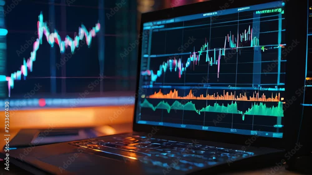 Poster technology-driven market pulse: illustration of a dynamic market graph on a computer monitor, blendi