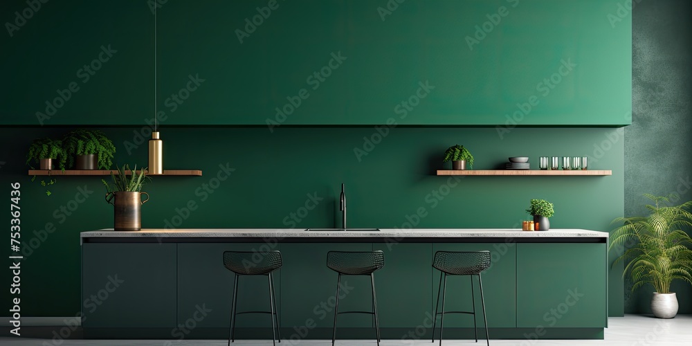 Poster a modern kitchen with dark green wall decor.