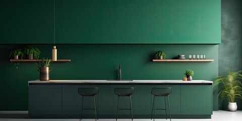 a modern kitchen with dark green wall decor.