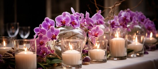 Obraz na płótnie Canvas Decorative arrangements for wedding tables featuring orchids and candles