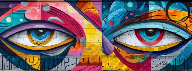 Captivating mural with hyper-realistic eyes and a kaleidoscope of abstract patterns on a city wall.