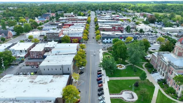 Aerial Fly Over Elkhart Courthouse and Downtown Indiana