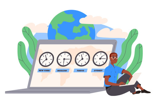 Hour in different countries concept. Man near laptop with clocks with different time zones. Global communication and interaction, globalization. Cartoon flat vector illustration