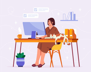Woman with hybrid work. Young girl sitting at table with computer and cat. Distant worker and freelancer. Worker with earning on internet. Cartoon flat vector illustraton isolated on blue background