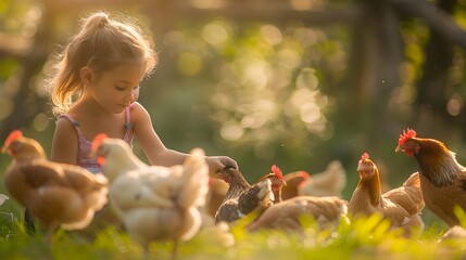 A Little Girl Feeding Chickens on a Farm at Sunrise