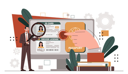 ID biometric documents. Man with magnifying glass near fingerprint scanner. Safety and security of personal data. Businessman with authentication and authorization. Cartoon flat vector illustration