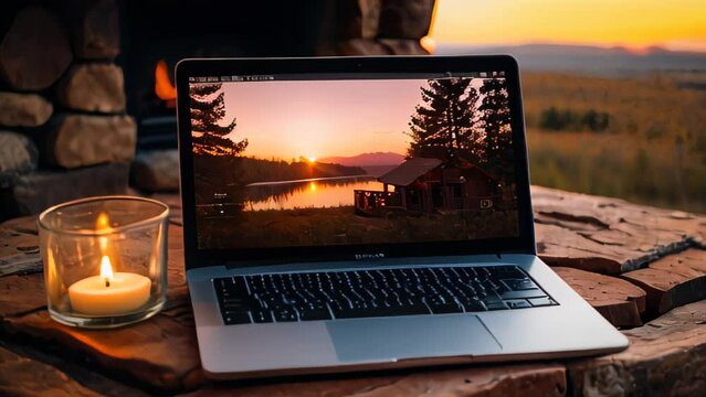 Laptop ablaze beside water, laptop glowing in sunset hues, laptop resting on sandy beach
