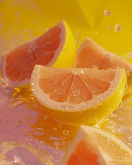 Glistening Grapefruit Slices and Chunks With Pink Flesh and Yellow Peel - on Vibrant and Bold...