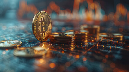 A Bitcoin coin placed over a tablet displaying financial market charts and world map, indicating global cryptocurrency trends.