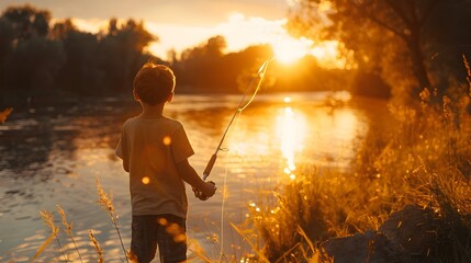 Boy Fishing at Sunset in the Countryside