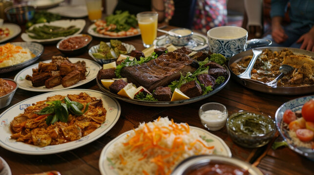 The table is filled with various traditional foods from different regions representing the diversity within the Muslim community and their shared love for Eid alAdha.