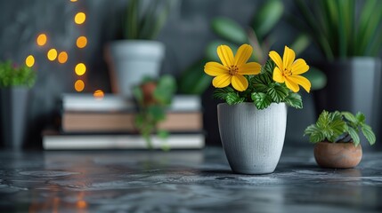 A black marble work desk with yellow flowerpots makes for a fun work spot. - obrazy, fototapety, plakaty