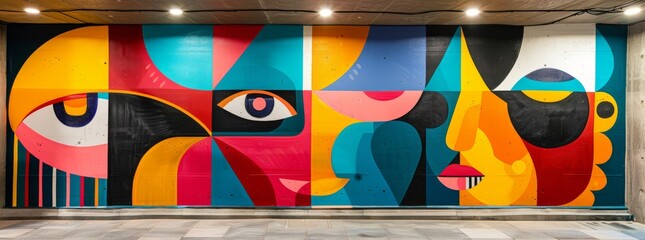 Vibrant abstract mural with bold geometric shapes, featuring stylized eyes and lips in a playful, colorful composition on a public wall.