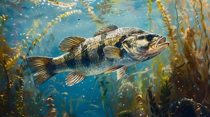 Hyper-Detailed Painting of a Bass in Shallow Water with Ferns - obrazy, fototapety, plakaty