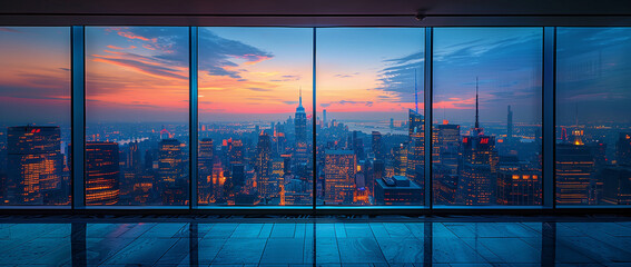 City Skyline at Dusk from Transparent Window, Modern Dark Blue Poster, Grandiose Interior with Mirror Rooms, Impressive Panorama