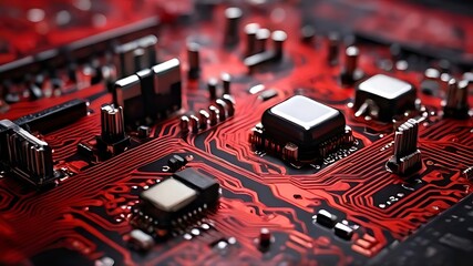 Fototapeta na wymiar Red and black close up illustration of electronic circuit board.