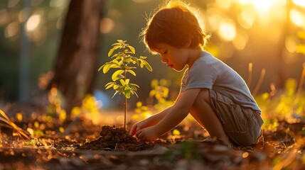 Little Boy Planting Tree in the Sunlight - obrazy, fototapety, plakaty