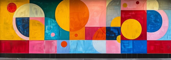 Contemporary abstract mural with geometric patterns, showcasing a vibrant patchwork of rectangles and circles in bold primary colors on an urban wall.